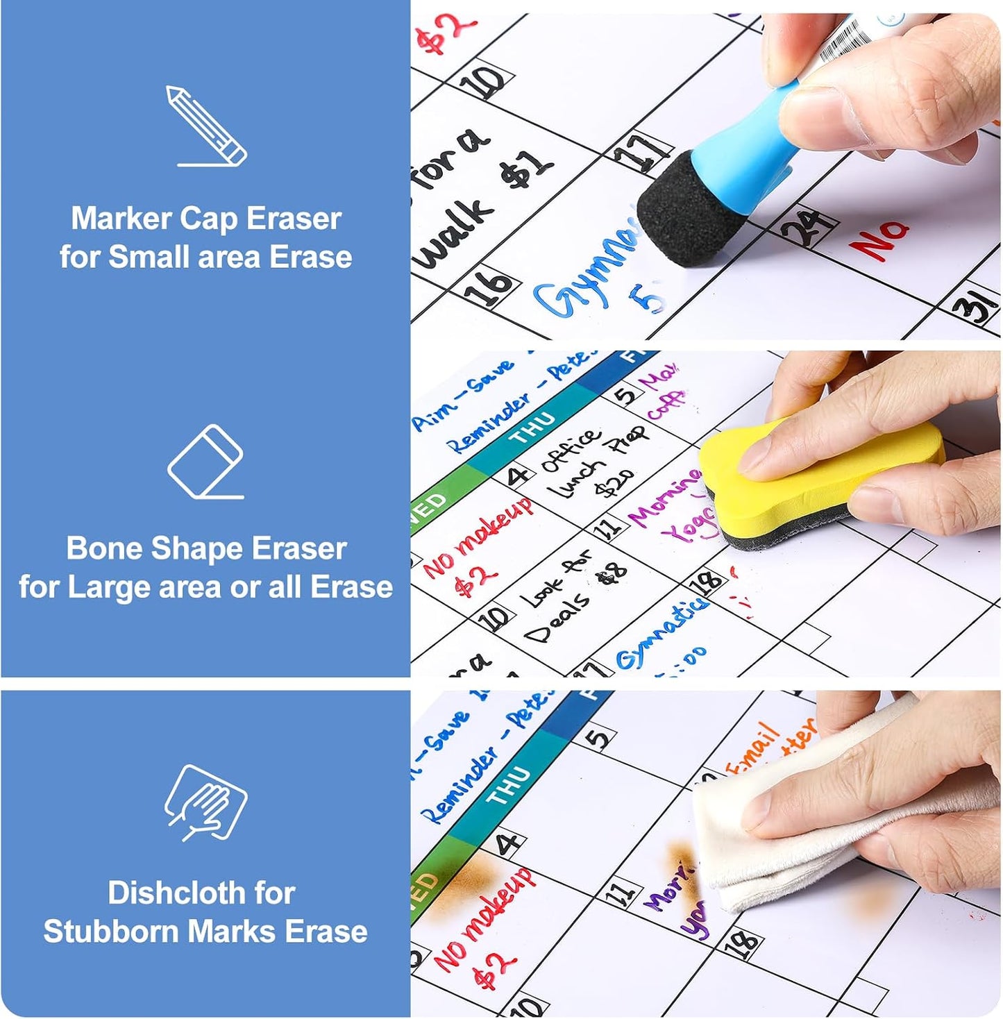 Dry Erase Magnetic Calendar for Refrigerator, 3 Pack- Monthly & Weekly & Daily Planner Magnet Whiteboard for Fridge Wall Door - Shopping, Meal/Menu, To Do List, Family Schedule Planning Board, 14"x11"