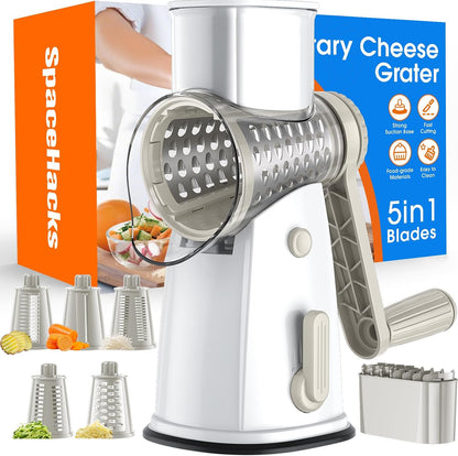 Rotary Cheese Grater Hand Crank with 5 Interchangeable Blades, Vegetable Slicer Chopper for Fruit Vegetable Nuts, Mandoline Slicer for Kitchen with Blades Rack & Suction Base, White