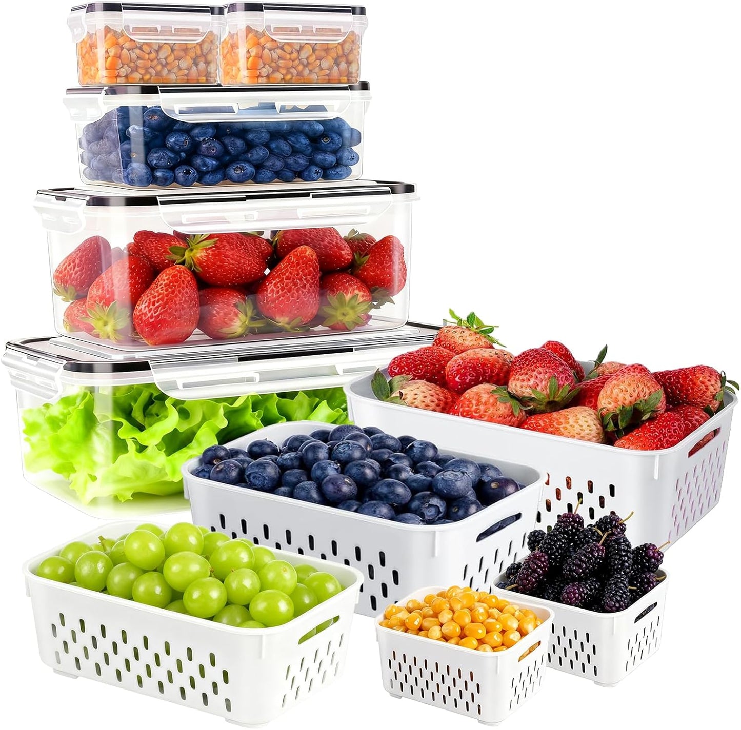 KUK 4 Pack Fruit Storage Containers for Fridge, Leakproof Food Containers with Removable Colander, Fruit Containers for Fridge BPA Free Produce Containers Keep Vegetables Berry Meat Fresh Longer