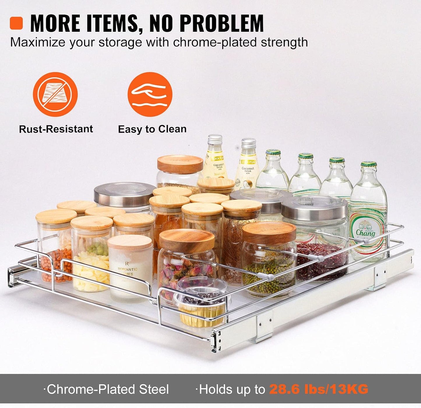 VEVOR 18.5"Wx21"Dx3.5"H Pull Out Cabinet Organizer, Heavy Duty Slide Out Pantry Shelves, Chrome-Plated Steel Roll Out Drawer, Drawer Storage for Home Under Sink, 20"Wx22"Dx7"H Install Size for Cabinet