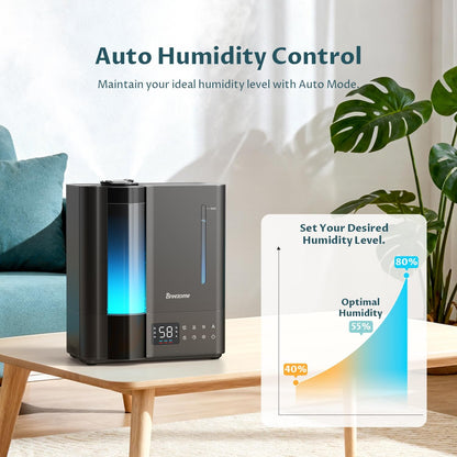 BREEZOME 8L Warm & Cool Mist Humidifier for Large Room 25dB 60H Runtime | Top Fill, 7-Color Mood Light, Smart Auto Humidistat, Essential Oil Tray, Safe Child Lock, 1-24H Timer for Bedroom Baby Plants