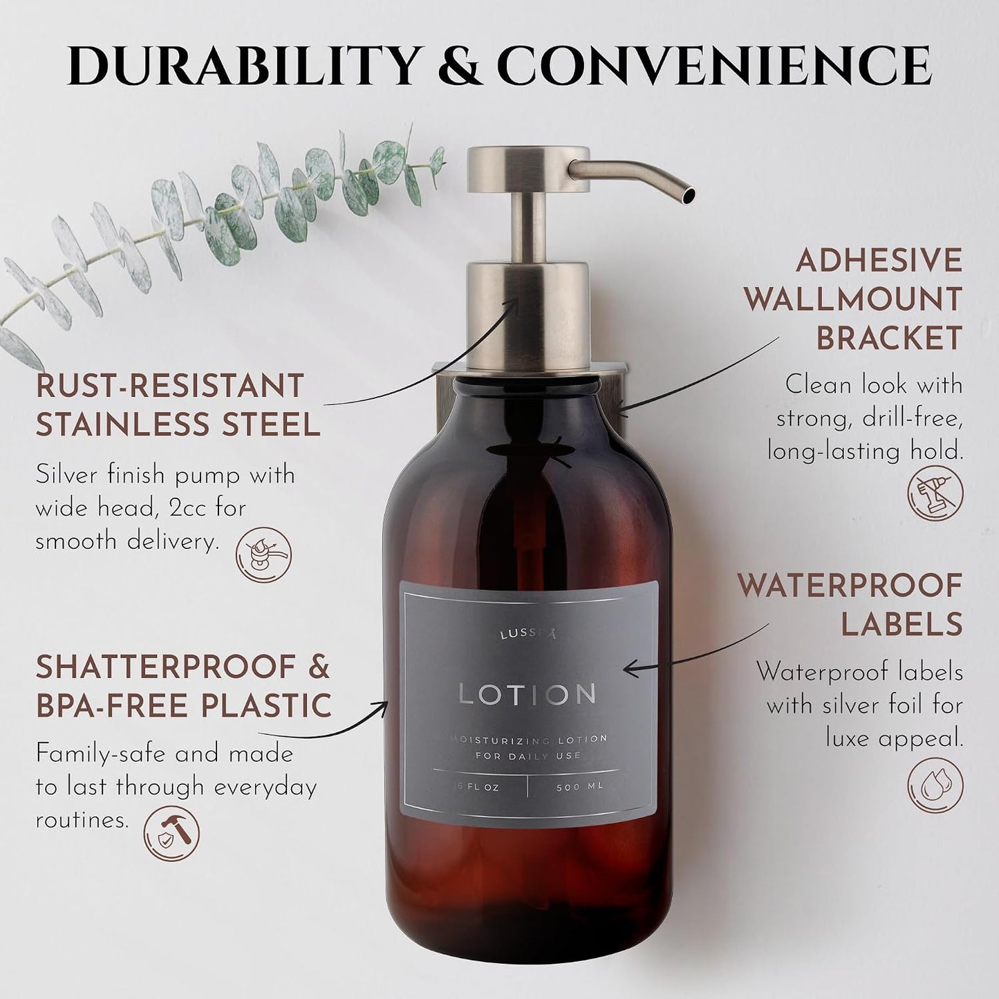 Shower Shampoo Dispenser Wall Mounted – 3 Refillable 16.9 oz Clear Bottles with Stainless Steel Pumps & No-Drill Adhesive Holders – Soap Dispenser Set for Bathroom (3 X Clear/Silver)