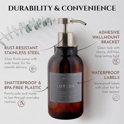 Shower Shampoo Dispenser Wall Mounted – 3 Refillable 16.9 oz Clear Bottles with Stainless Steel Pumps & No-Drill Adhesive Holders – Soap Dispenser Set for Bathroom (3 X Clear/Silver)
