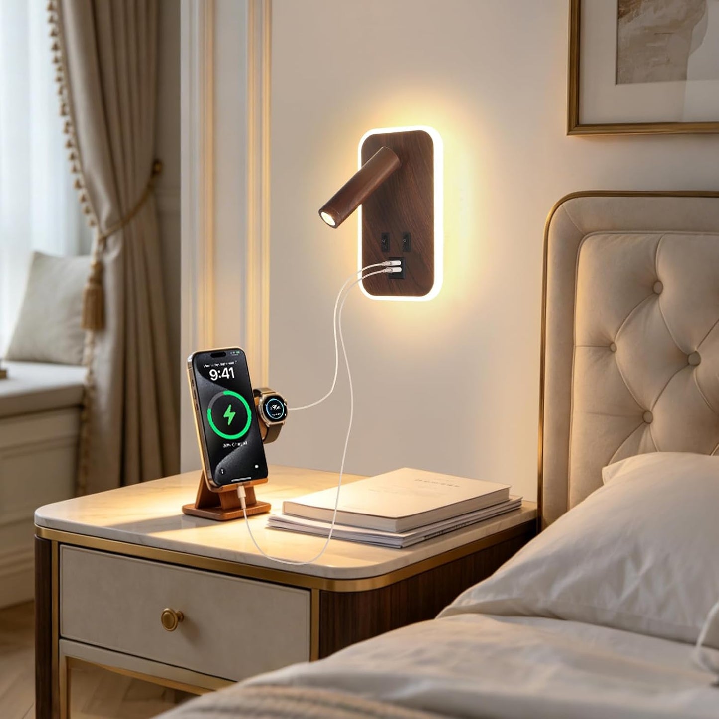 Plug in Wall Sconce with Wall Mounted Reading Lights with Switch | Wall Lamp for Bedroom with Charging Station USB C+A Ports,Bunk Bed Lights with 3W+9W Night Light,Walnut Color Reading Light