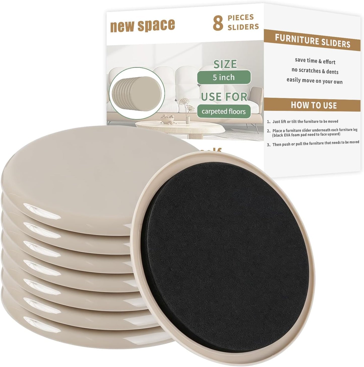 Furniture Sliders for Carpet, new space 8 Pcs 5" Round Sliders for Moving Furniture, Heavy-Duty Furniture Moving Sliders - Reusable Furniture Sliders, Move Your Furniture Quickly, Easily and Safe!