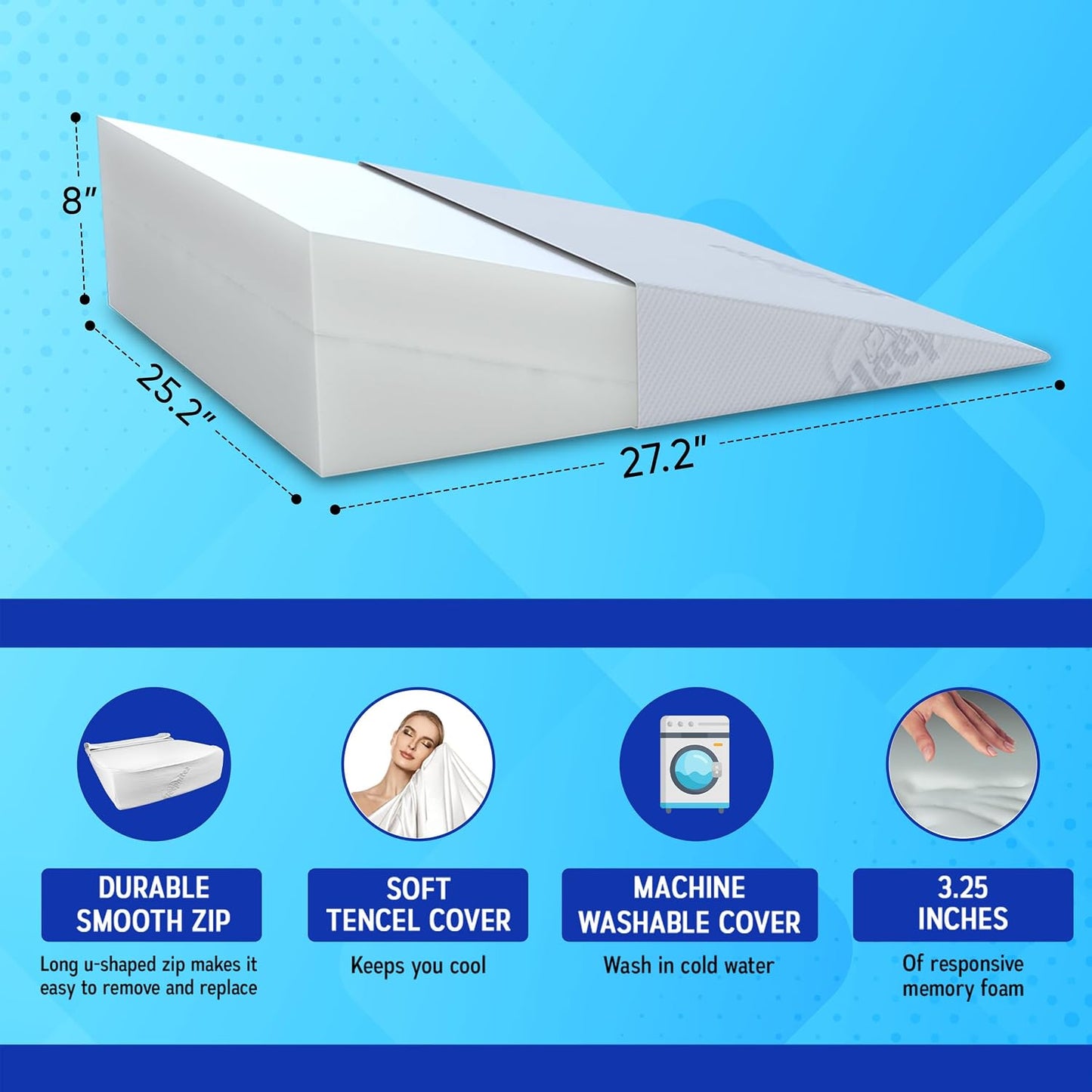 12" Bed Wedge Pillow for GERD, Acid Reflux, Sleep Apnea, Snoring | Cooling 3" memory foam top and cover for side sleepers, post-surgery, back support and leg elevation U-shaped easy-off/on zip