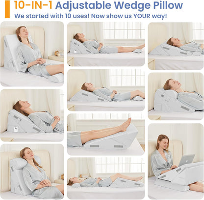 Sasttie Adjustable Wedge Pillow Set for After Surgery, Dark Grey & White | Bed Wedge Pillow Headboard with Memory Foam Neck Cushion, for Acid Reflux, Sleeping, Neck & Back Support