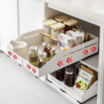 Pull out Cabinet Organizer, Full Metal Expandable Width (14.8"-20.8") & Depth (12.4"-17.7") Adjustable Slide out Drawers, No Drill Adhesive Roll out Shelves for Kitchen Pantry, White