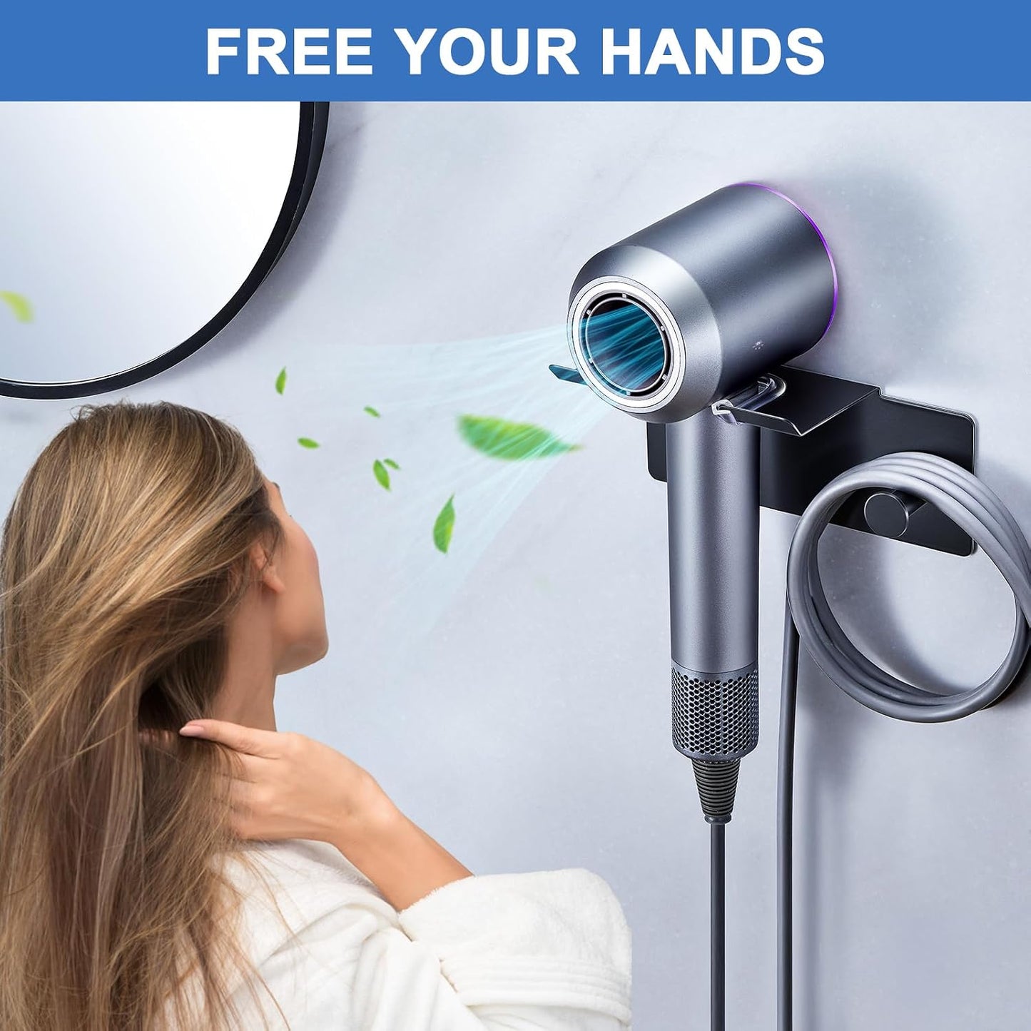 Hair Dryer Holder Wall Mounted, Blow Dryer Holder Adhesive, Metal Hairdryer Holder for Bathroom, Hair Tool Organizer with Plug&Cord for Cabinet Bathroom Bedroom Barber Shops (Rose Gold)