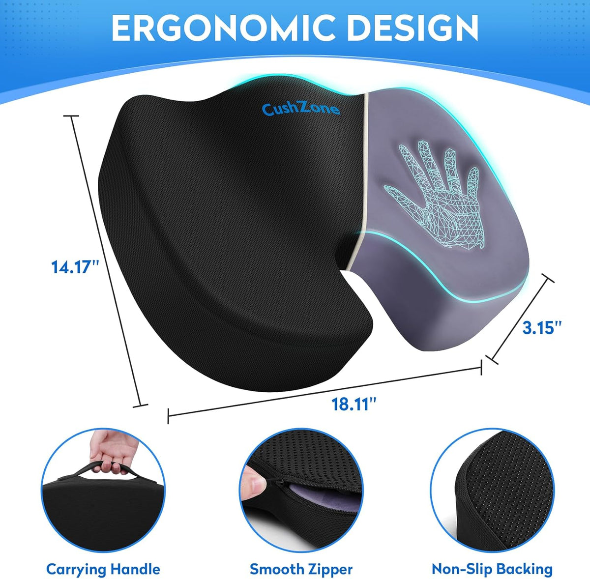 CushZone Seat Cushion Memory Foam Chair Pad for Office & Car, Black