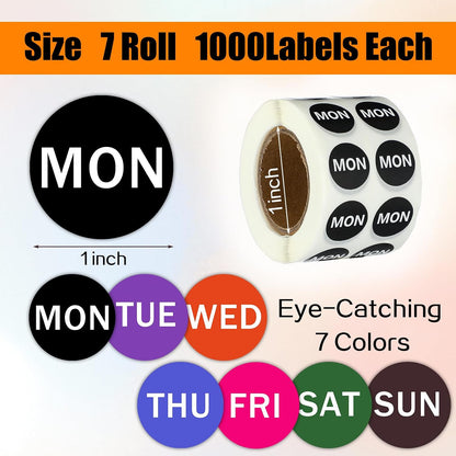 Watersay 7000 PCS Small 7-Day of The Week Double Row Adhesive Stickers Bulk - 0.5 Inch Color Coded Dots Round Food Rotation Labels for Food Containers, Pill Organizer, Planner, 1000 Labels/Roll