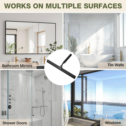 FARMER 10-Inch Shower Squeegee for Glass Doors, Windows and Mirrors, Black | Suction Wall Hook, Over-Door Hook, Non-Scratch Blade with Quiet Glide for Multi-Surface Cleaning on Glass, Tile and Mirrors