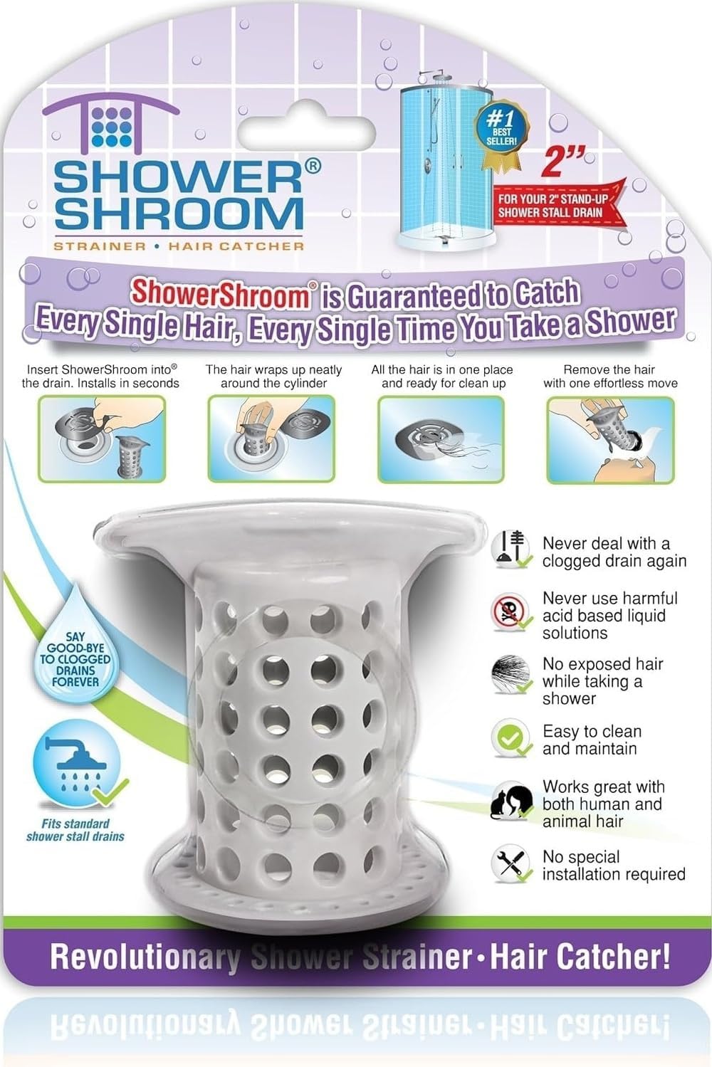 ShowerShroom the Revolutionary 2" Stand-Up Shower Stall Drain Protector Hair Catcher/Strainer, Blue