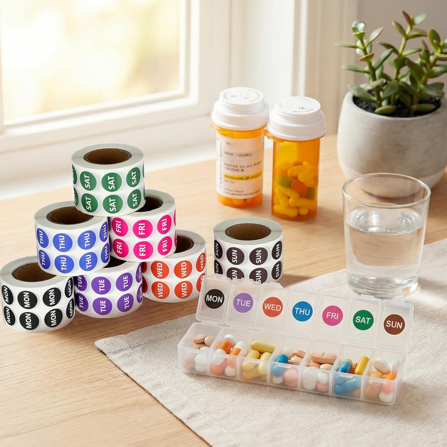 Watersay 7000 PCS Small 7-Day of The Week Double Row Adhesive Stickers Bulk - 0.5 Inch Color Coded Dots Round Food Rotation Labels for Food Containers, Pill Organizer, Planner, 1000 Labels/Roll