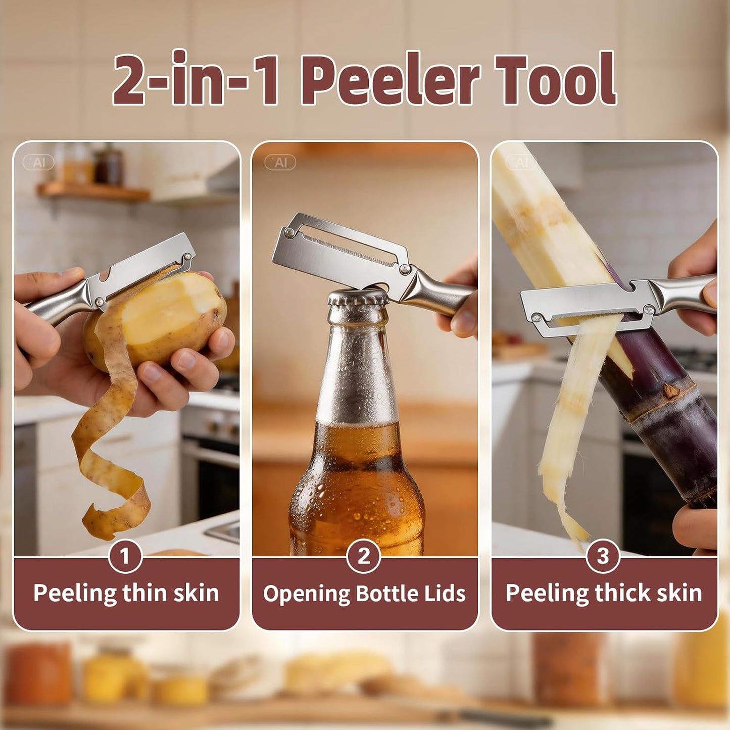 Julienne Peeler Vegetable Peeler for Veggie Potato Carrot(2 Pack) | Multifunctional Cabbage Shredder | 3 in 1 Peeler and Julienne Shredder Tool | Wooden Handle | Bottle Opener
