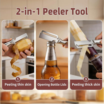 Julienne Peeler Vegetable Peeler for Veggie Potato Carrot(2 Pack) | Multifunctional Cabbage Shredder | 3 in 1 Peeler and Julienne Shredder Tool | Wooden Handle | Bottle Opener