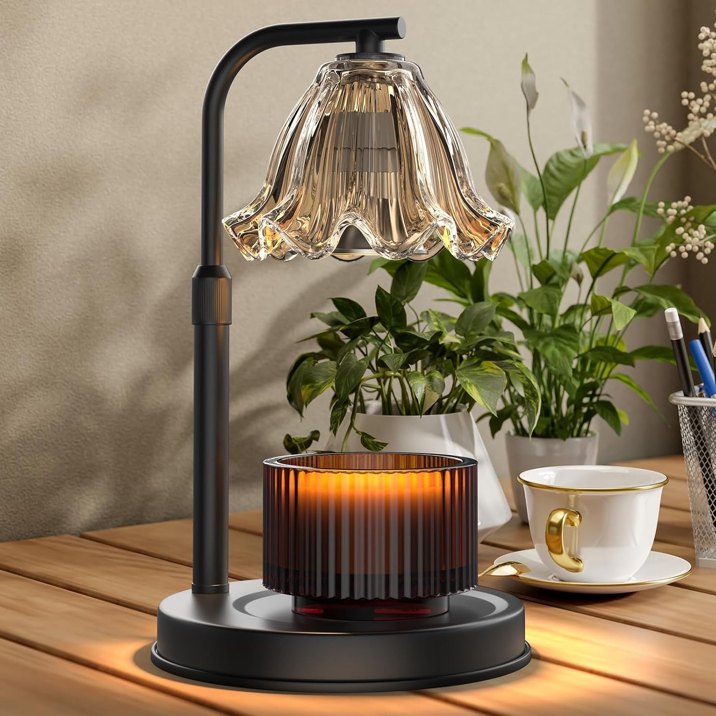 Flower Candle Warmer Lamp with Timer - Adjustable Height for Jar Candles | Metal and glass candle warmer with 4 brightness levels, 2/4/8-hour timer, adjustable 7.08-11.1 in pole and two 50W bulbs