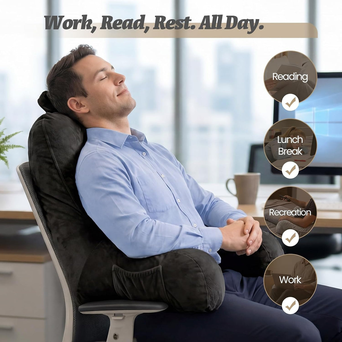 ACH Reading Pillow with Arms for Adults - Adjustable Memory Foam Bed Rest Pillow, Lumbar & Neck Back Support, Soft Velvet Cover Machine Washable, Deep Side Pocket & Carry Handle, Grey