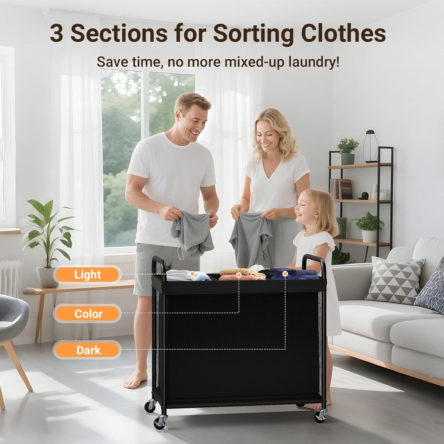 ELYKEN Laundry Hamper 2 Section, 100L Rolling Laundry Sorter with Wheels | Removable Washable Liner Bags, Sturdy Steel Frame and Metal Handle, Double Compartment Clothes Organizer for Laundry Sorting