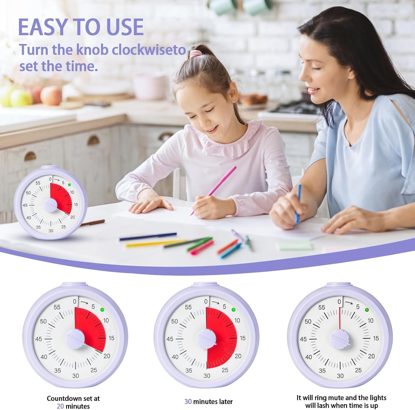 Visual Timer for Kids 60 Minute Countdown Timer Rainbow Disk Desk Timer Clock for Classroom Study Office Kitchen with Silent Operation (Purple)
