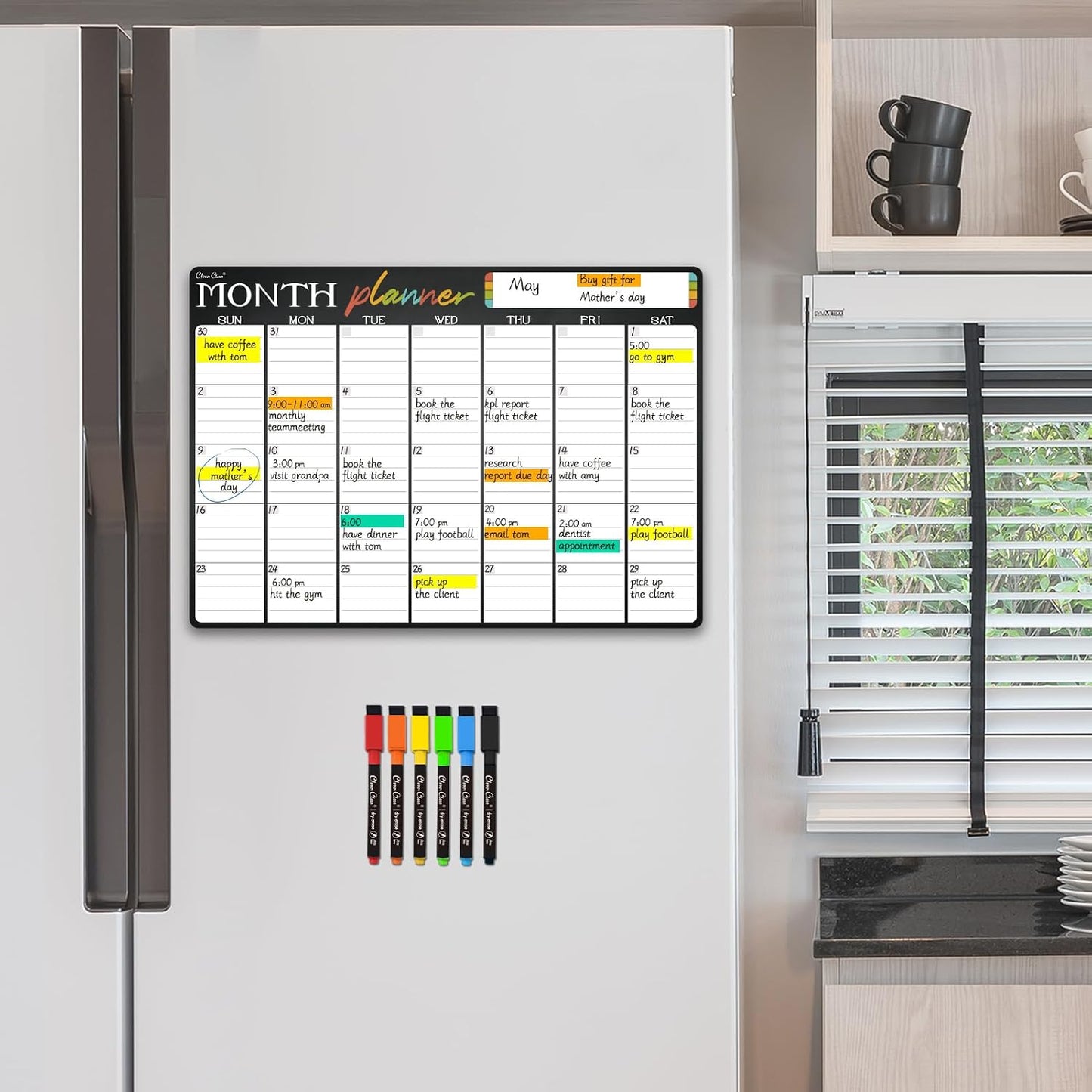 Magnetic Dry Erase Monthly Calendar Set - 15.5"x13" Monthly and 8.5"x13" Weekly Calendar for Fridge - 6 Extra Fine Point Markers Included - Shipped Flat