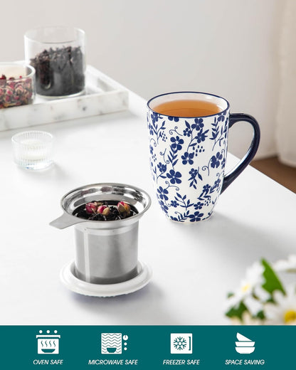 vancasso SELENE Porcelain Tea Mug, 18 oz Porcelain Tea Cup with Infuser and Lid Steeps Loose Leaf Tea, Microwave & Dishwasher Safe, Five-Leaf Clover