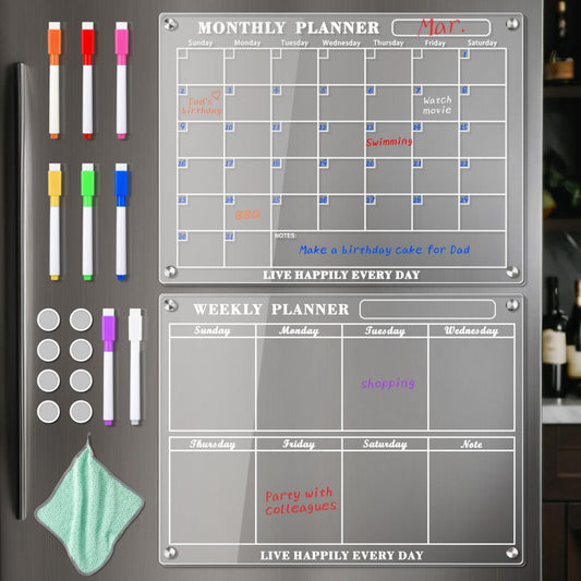 Acrylic Calendar for Fridge – Weekly Magnet Fridge Board with 8 Color Markers 15"x11" Clear Calendar for Refrigerator for Kitchen, Office, Family
