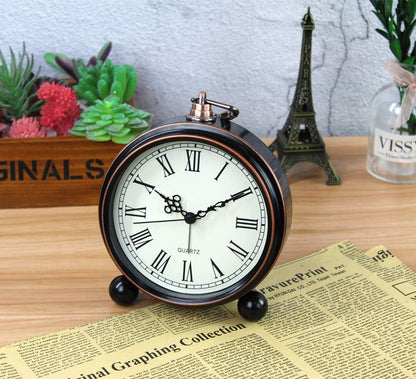 Retro Metal Table Clock Battery Operated Non-Ticking Silent Quartz Table Small Alarm Clock Desk Shelf HD Glass Clock for Kids Room (Arabic-550-12)
