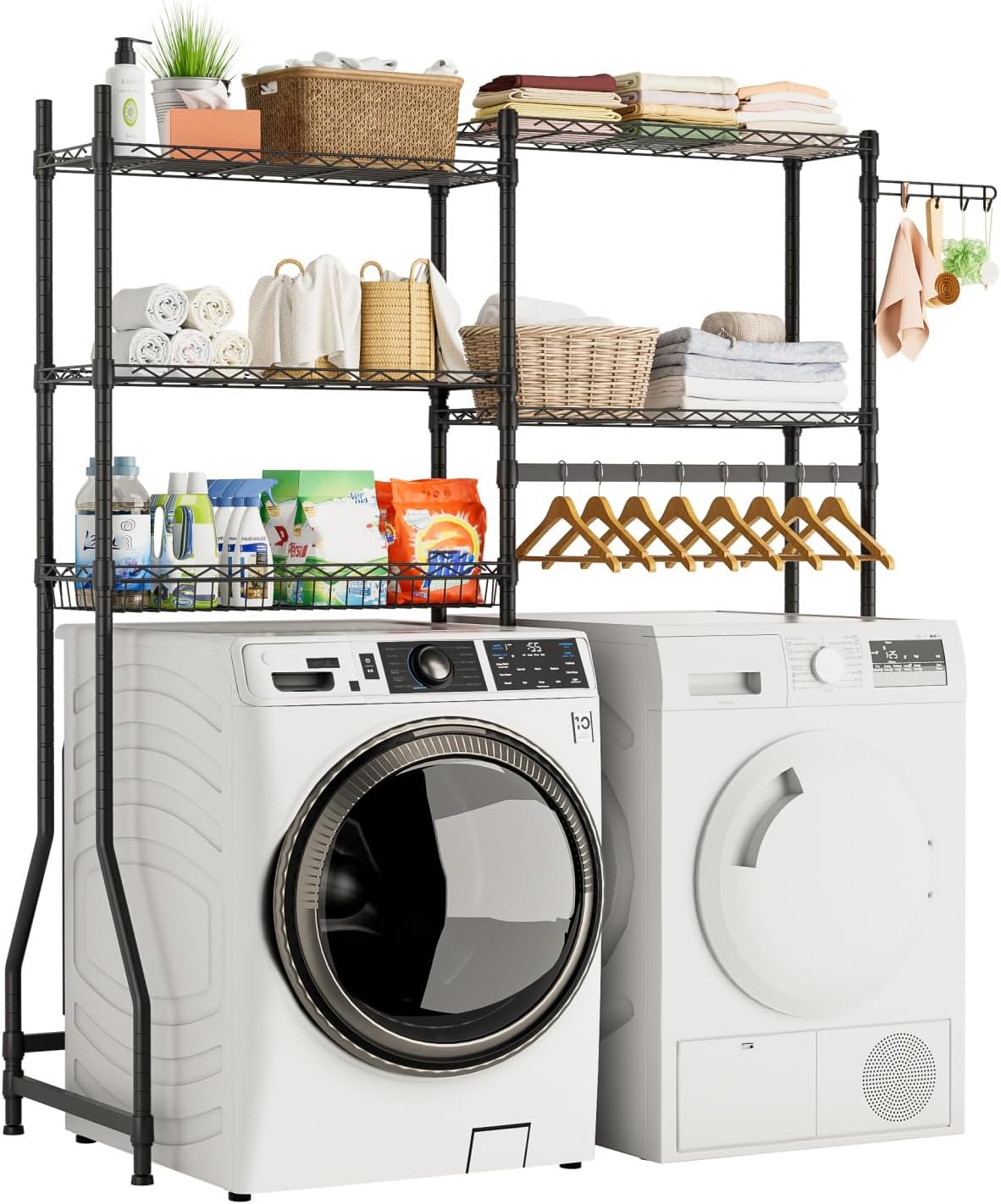 Golpart Laundry Organizer Shelves Over the Washer and Dryer Storage Shelf | Heavy Duty Laundry Room Organization Clothes Drying Rack Adjustable Height Wire Shelving and Wire Basket with Hanger Rod
