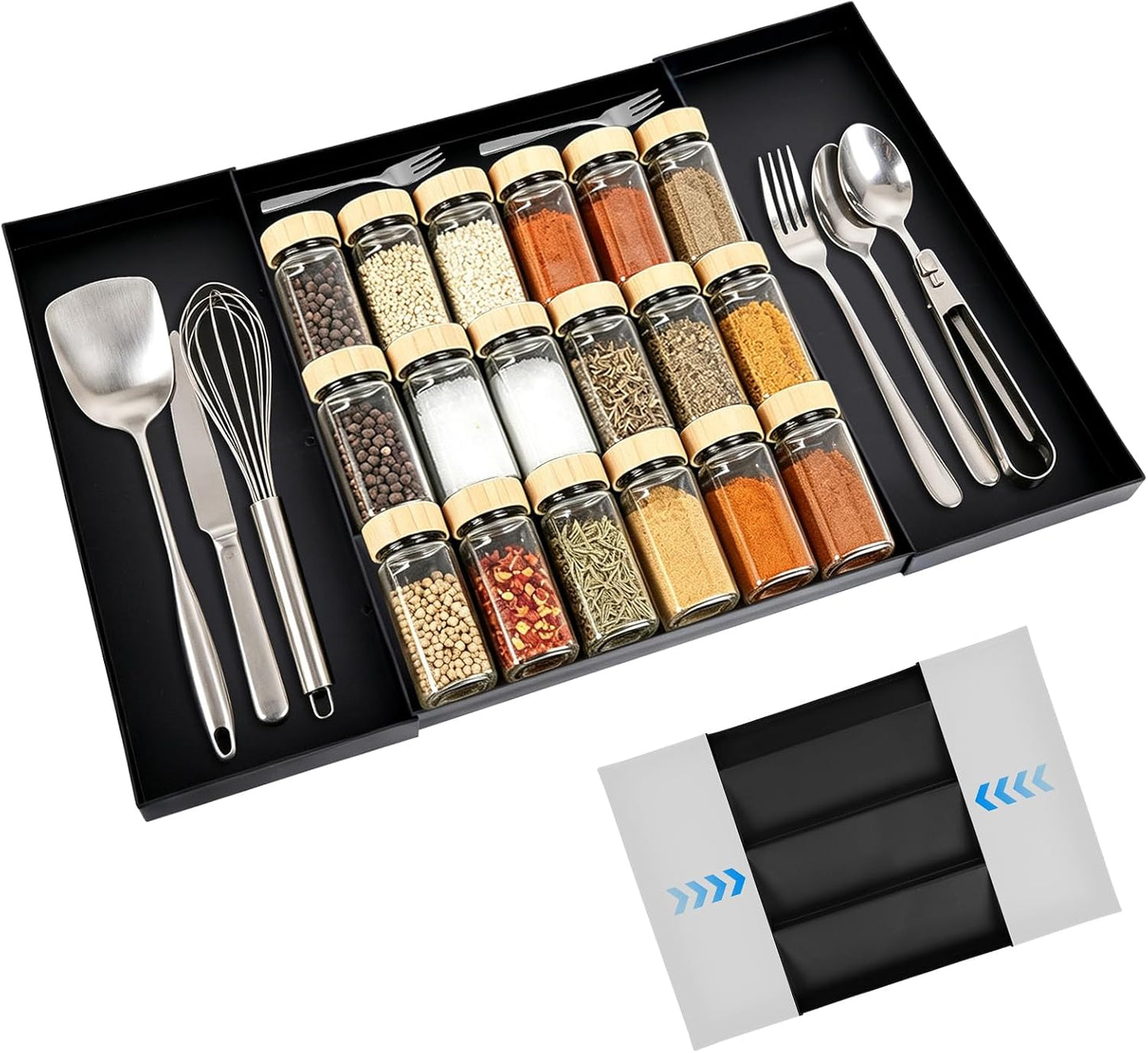Expandable Spice Drawer Organizer with 5 Slanted Tiers & 2 Utensil Slots, Heavy-Duty Multi-Functional Kitchen Drawer Organizer Spice Rack for Cabinet Tray, Black