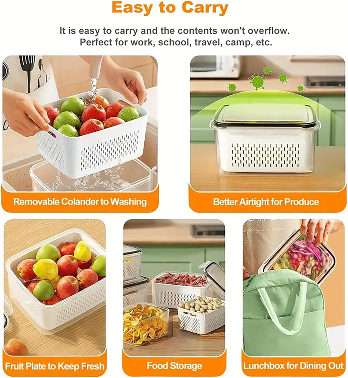 3pcs 4 in 1 Fruit Storage Containers for Fridge with Removable Colanders | Airtight, stackable, keeps food fresh. Dishwasher safe. Berry, vegetable, produce basket, strainer, refrigerator keeper