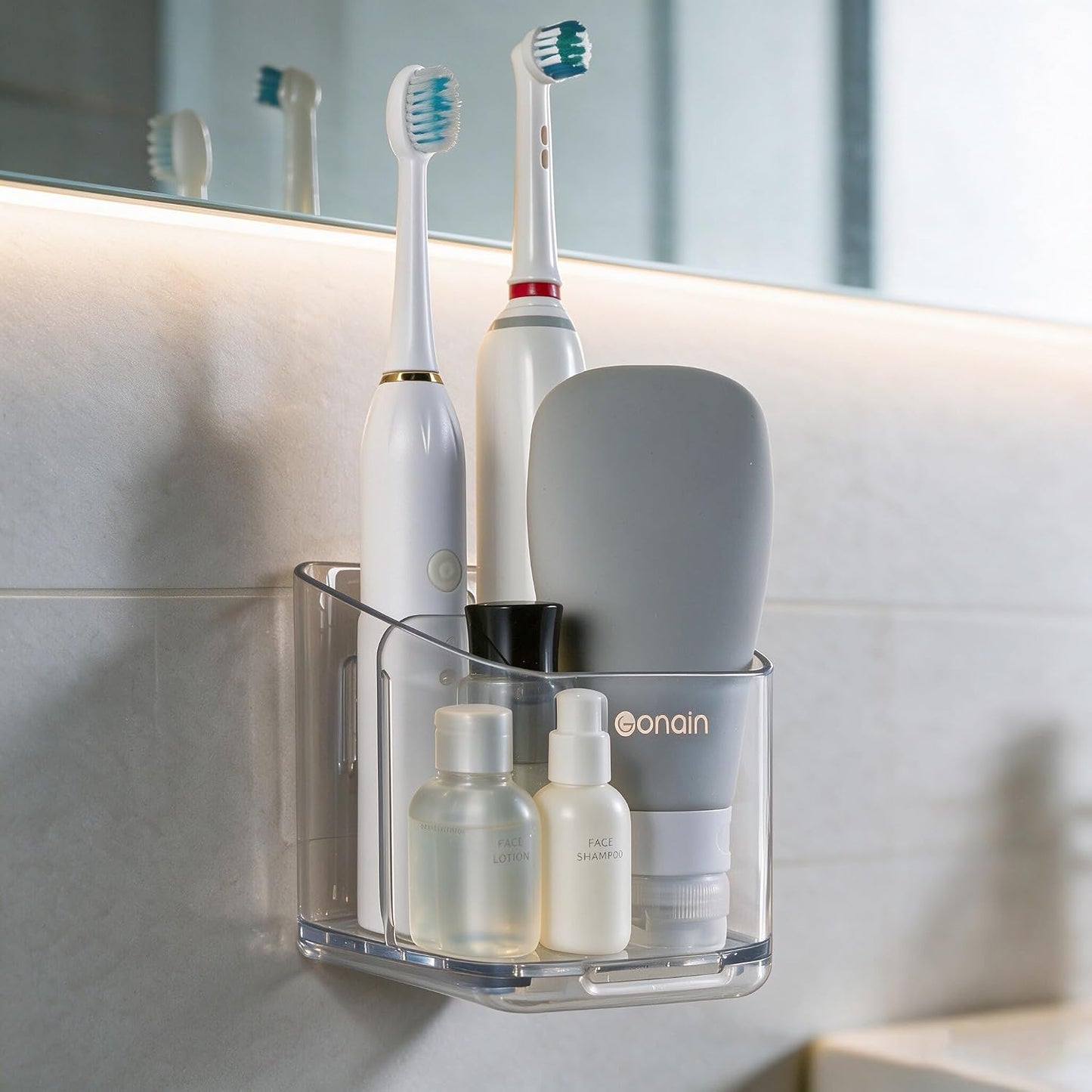 Toothbrush Holders for Bathroom - Detachable Divided Design, Drawer Drainage Tray, Adhesive Wall-Mounted/Countertop Dual-Use, Large Capacity Organizer for Bathroom/Kitchen/Office, Easy Install (Clear)
