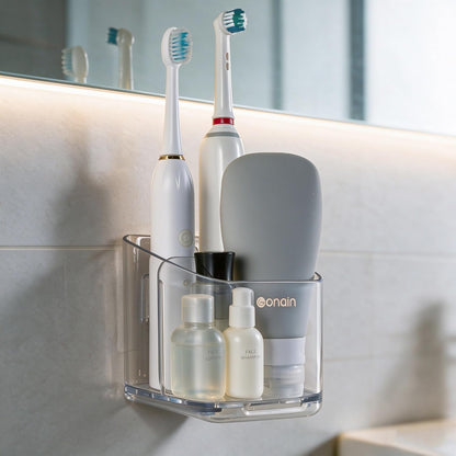 Toothbrush Holders for Bathroom - Detachable Divided Design, Drawer Drainage Tray, Adhesive Wall-Mounted/Countertop Dual-Use, Large Capacity Organizer for Bathroom/Kitchen/Office, Easy Install (Clear)