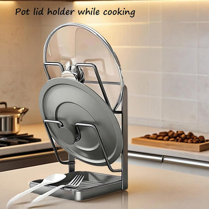 Kitchen Pot Lid Storage Rack, Pot Lid Holder While Cooking for Countertop | Stainless Steel Pot Lid Rack, Kitchen Countertop Organizer Removable Drip Tray, Lid Cutting Board Ladle Storage for Stove Top