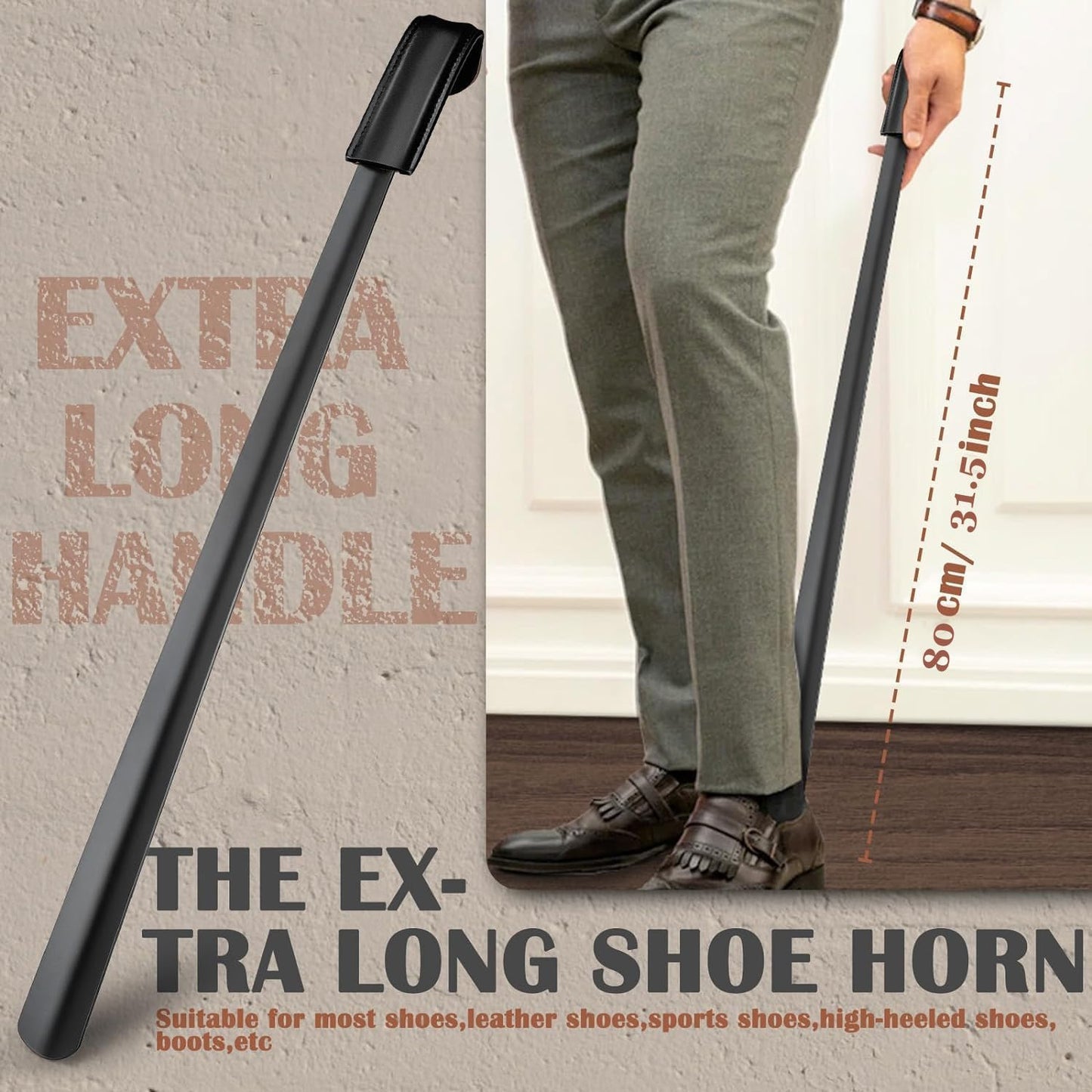 31.5inch Extra Long Handled Metal Shoe Horn,Extra Long Stainless Steel Shoe Spoon for Back Pain,Steel Shoehorn For Boots,Shoehorn for Elderly, Senior, Children, Pregnant Women-Black & Heavy Duty