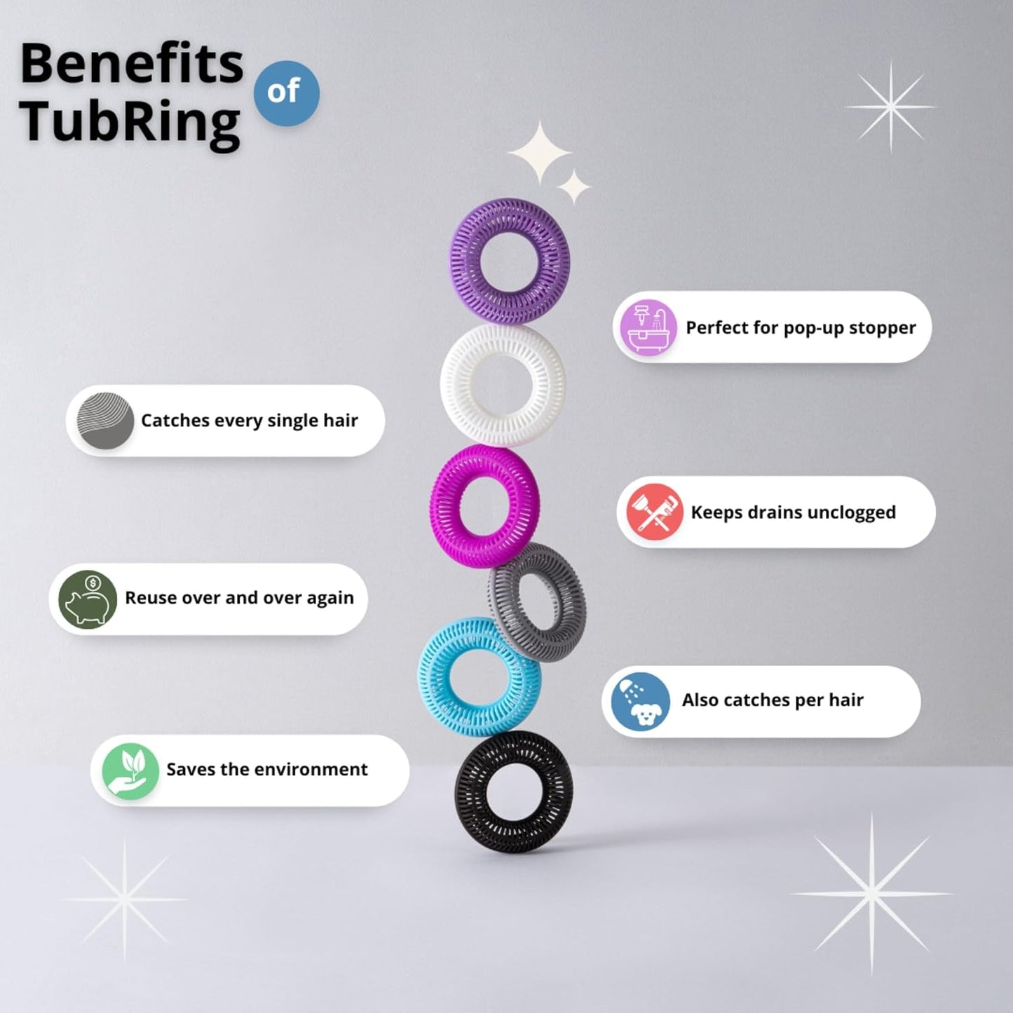 TubRing Pop-Up Drain Protector & Strainer Silicone Hair Catcher, Aqua | Easy snap-in design fits around bathtub stoppers. Customizable utility guard for clog prevention. Fits 1.85"- 2.16" drains.
