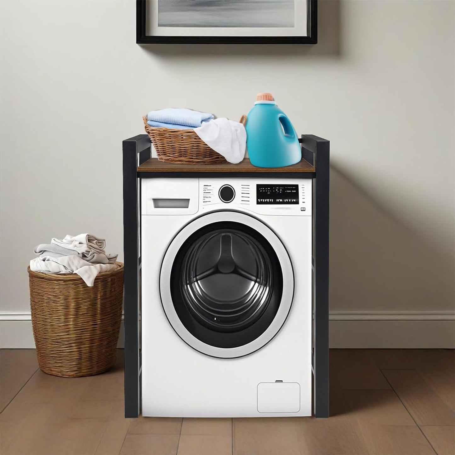 Heavy Duty Steel Shelf Over Washer and Dryer, Portable Washer and Dryer Stand, Laundry Room Organizer with Adjustable Laminate, Washing Machine Shelf for Bathroom and Laundry Room (Black-A)