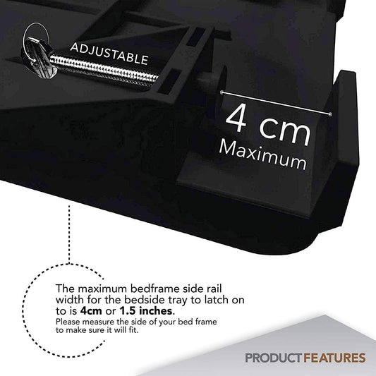 Modern Innovations Bedside Shelf for Bed, College Dorm Room, Bunk Bed Shelf/Caddy for Top Bunk, Clip On Nightstand Tray with Cord and Cup Holder for Table Storage (Black)