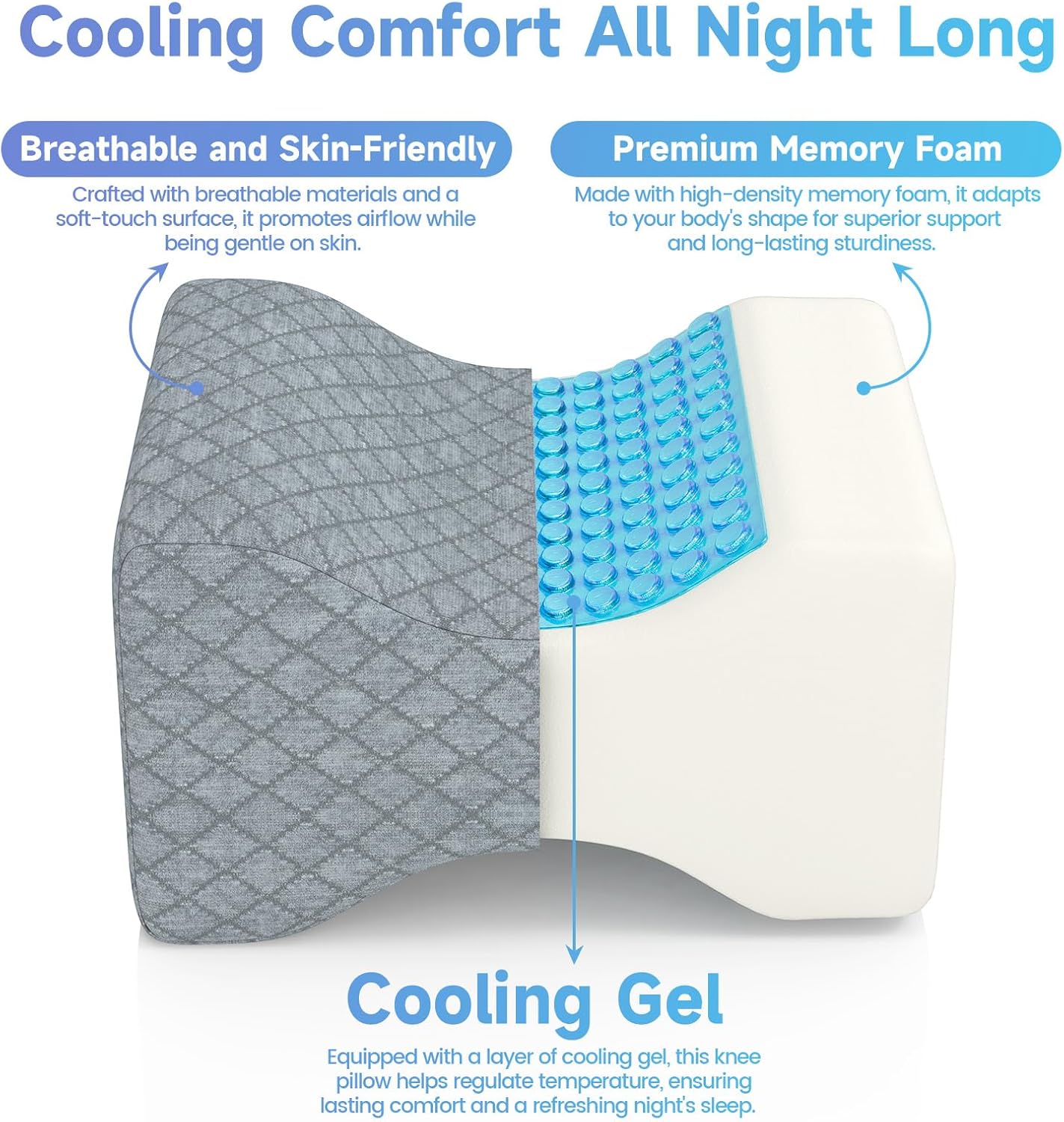 CloudBliss Cooling Gel Knee Pillow for Side Sleepers, Memory Foam, White | Contoured leg pillow, high-density foam, removable machine-washable cover, breathable fabric, hip and knee support