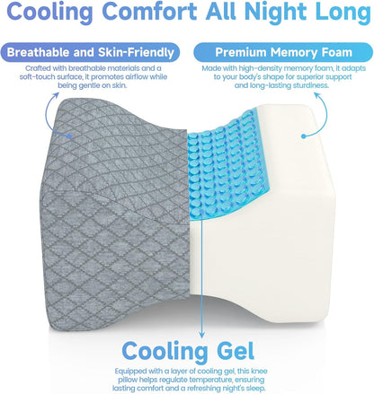 CloudBliss Cooling Gel Knee Pillow for Side Sleepers, Memory Foam, White | Contoured leg pillow, high-density foam, removable machine-washable cover, breathable fabric, hip and knee support