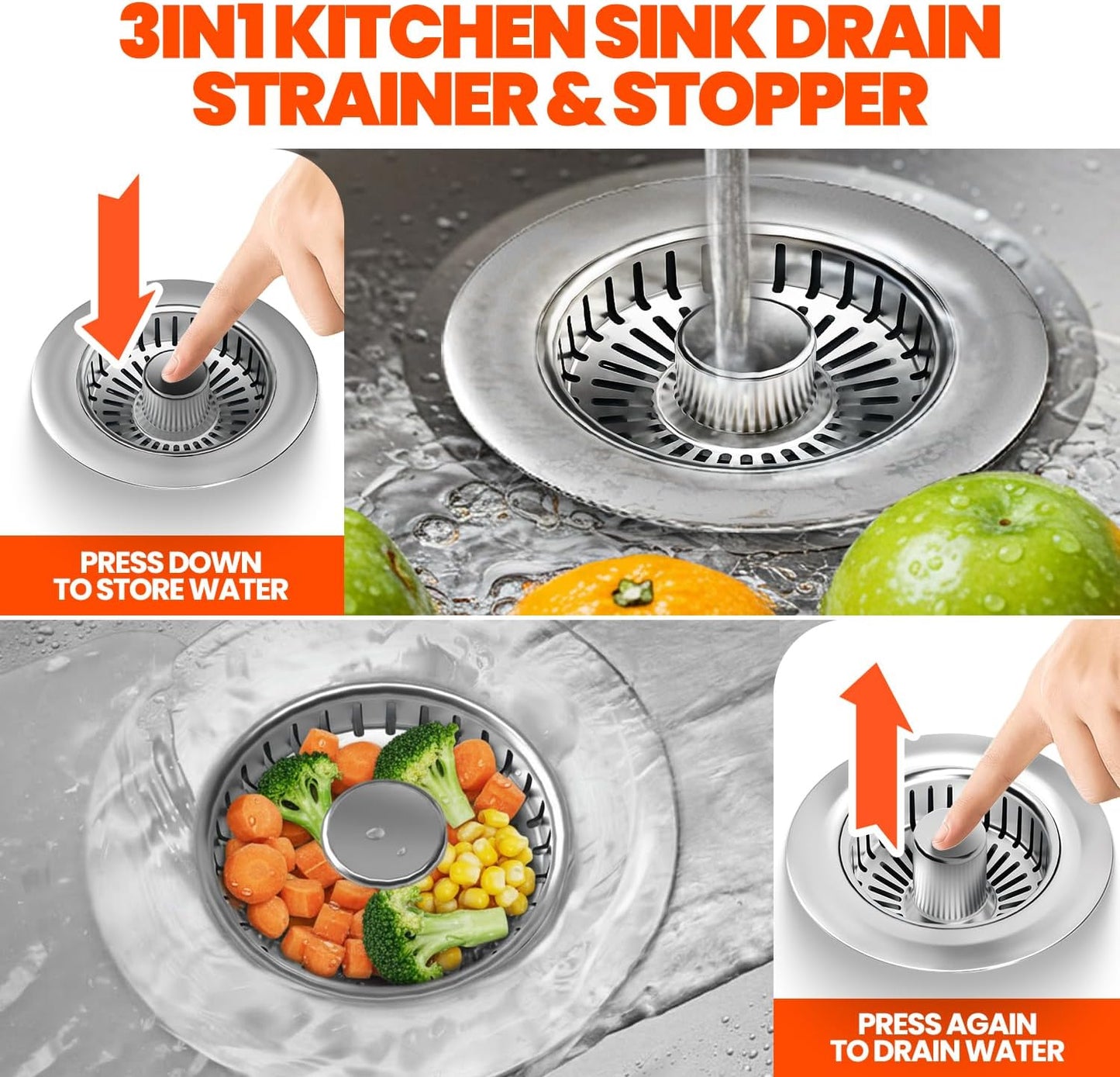 3 in 1 Kitchen Sink Drain Strainer Stopper Basket Pop Up Silver | Kitchen Sink Accessories Strainer Basket 2 Pack Silver,Stainless Steel Anti-Clog Catcher, Odor-Blocking Seal Fits 3.5" Drain