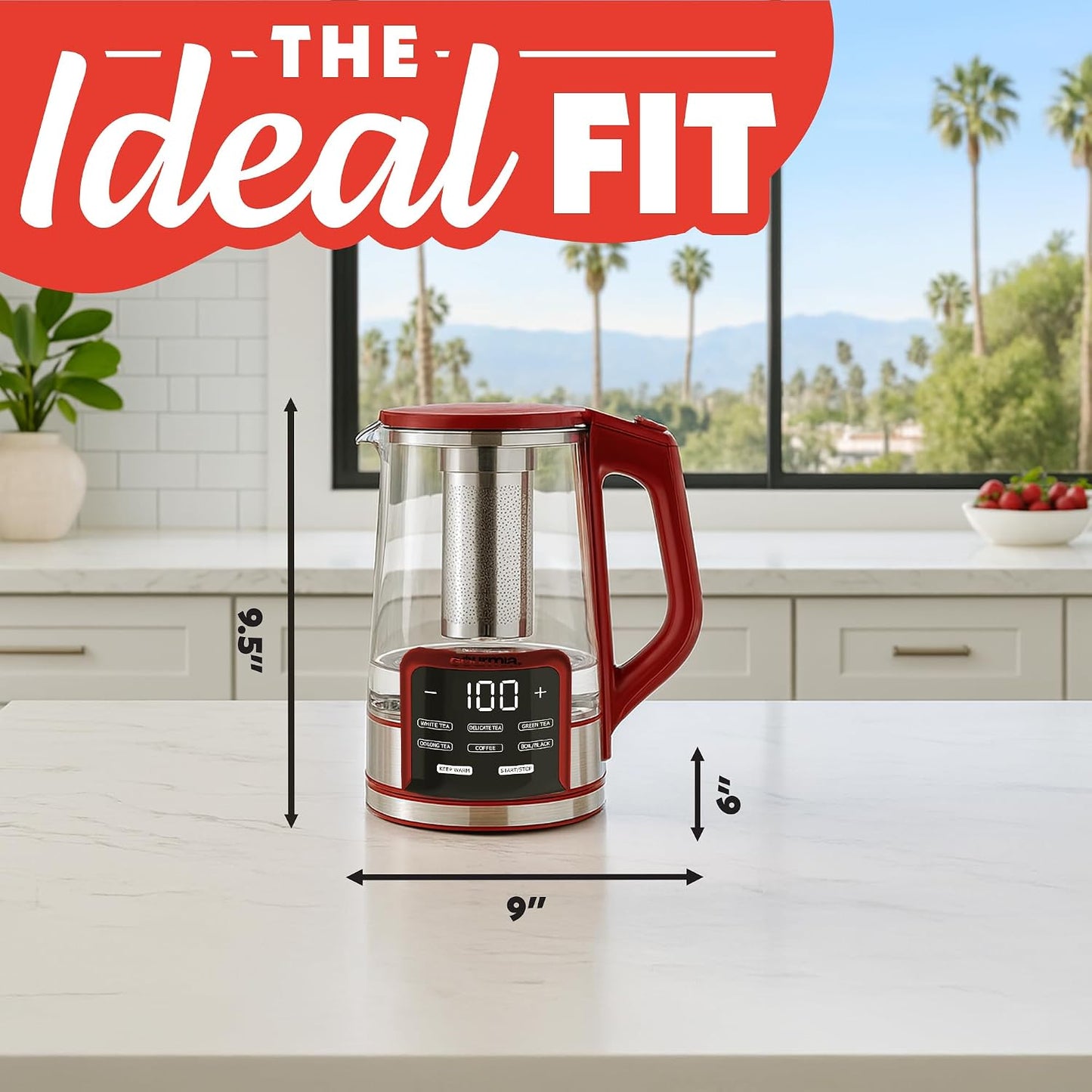 Gourmia Electric Glass Kettle – 1.7L Programmable Tea & Coffee Brewer with Digital Touch Display, 6 Presets, Removable Stainless Steel Infuser, Cordless with 360° Swivel Base, Black