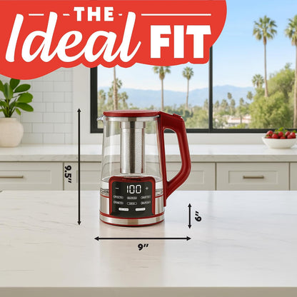 Gourmia Electric Glass Kettle – 1.7L Programmable Tea & Coffee Brewer with Digital Touch Display, 6 Presets, Removable Stainless Steel Infuser, Cordless with 360° Swivel Base, Black