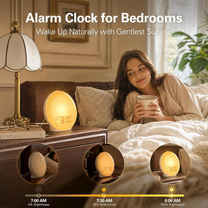 JALL Full-Screen Wake Up Light Sunrise Alarm Clocks for Bedrooms, White Noise Machine for Heavy Sleepers, 25 Natural Sounds, Dual Alarms, FM Radio, 17 Dimmable Colors, Bluetooth Speaker