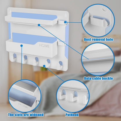 YONGAIJIA Bedside Shelf Wall Mount with Hooks, Cable Clips, No-Drill, Black | RV Shelf ,Camper, Dorm Room Essentials, Bunk Bed, Damage-Free Adhesive, Floating Organizer, Holds Phone Remote Glasses