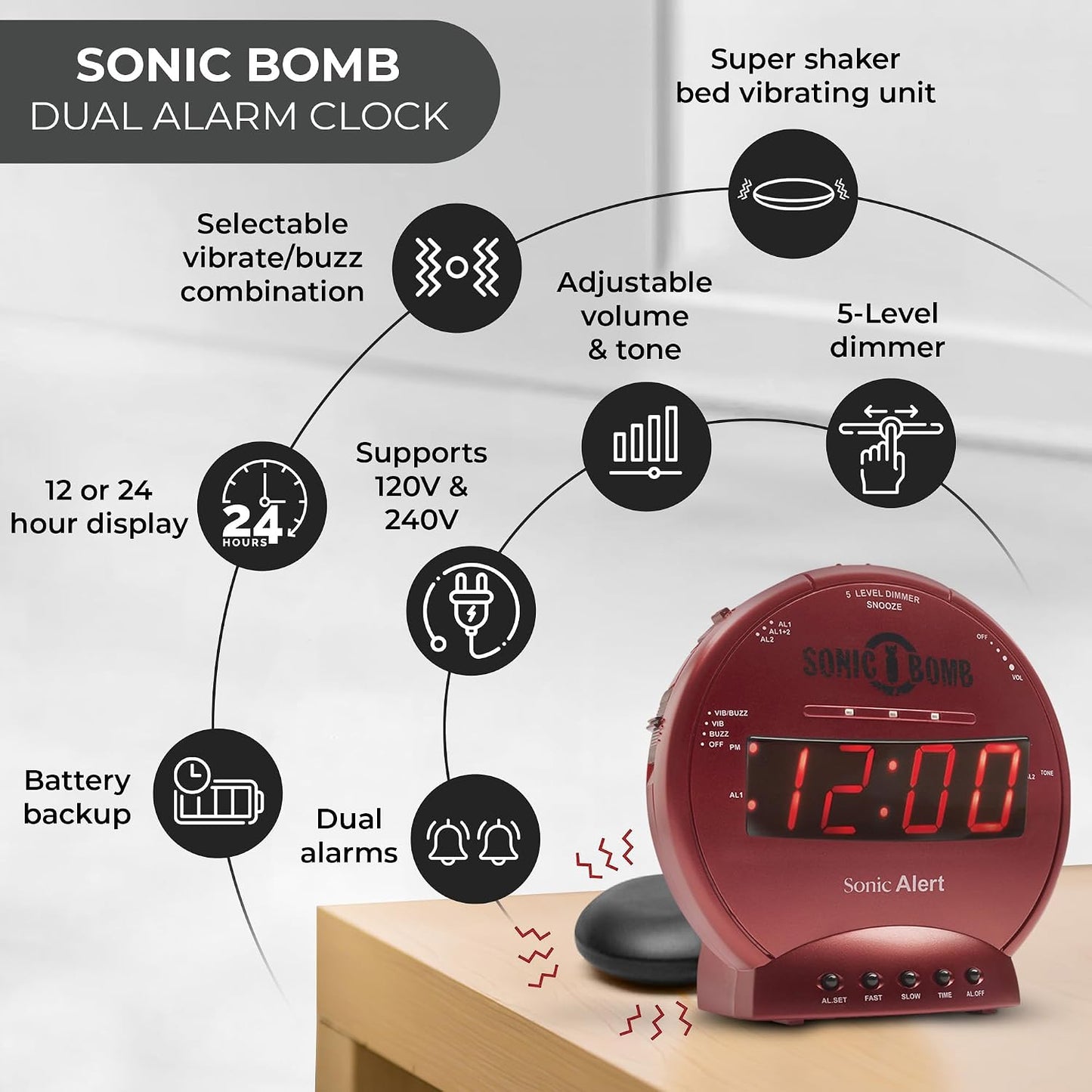 Sonic Alert Sonic Bomb Dual Alarm Clock with Bed Shaker, Black Vibrating Alarm Clock Heavy Sleepers, Battery Backup | Wake with a Shake
