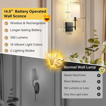 Battery Operated Wall Sconces Set of 2, Rechargeable Sconces with Remote