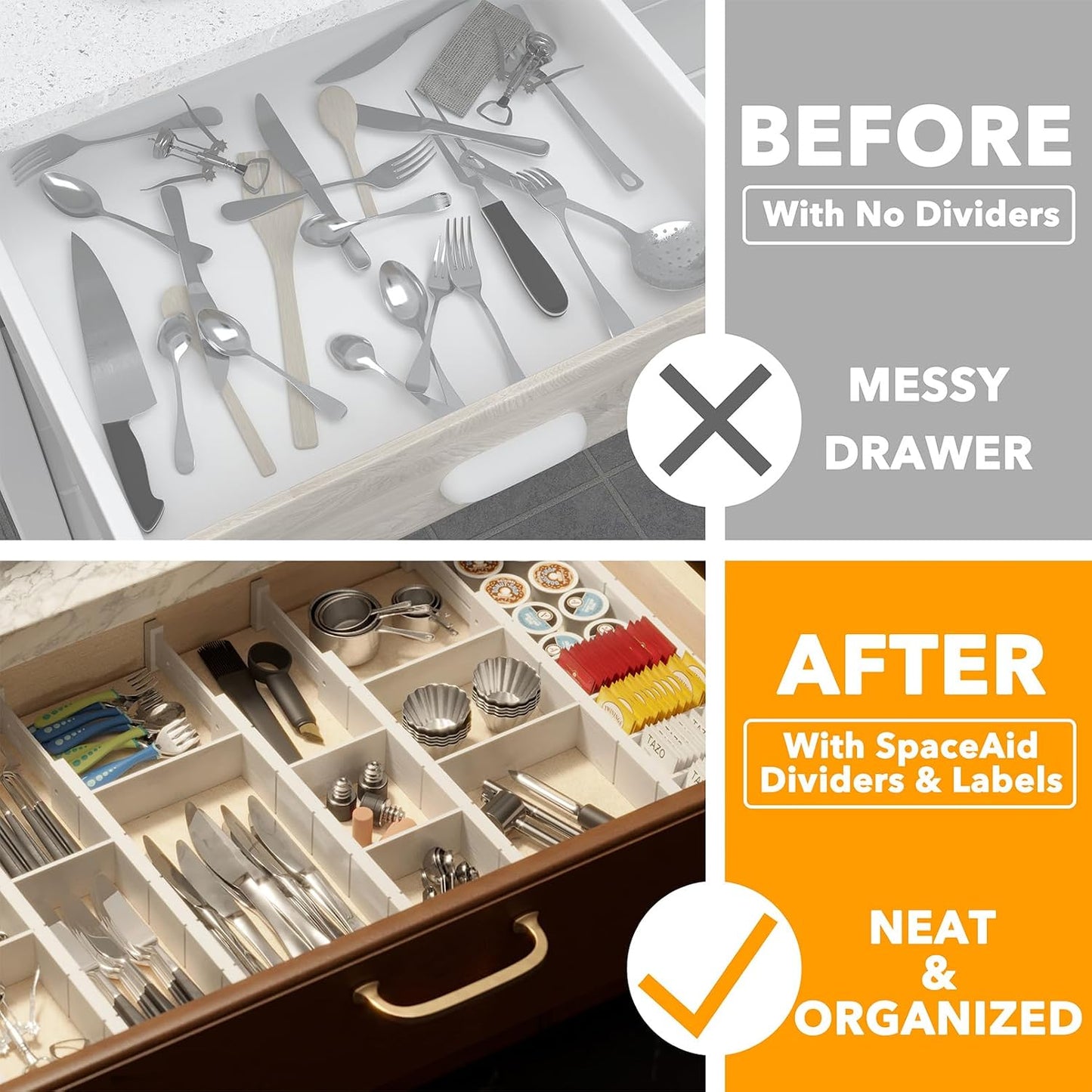 SpaceAid Bamboo Drawer Dividers with Inserts and Labels, Kitchen Adjustable Drawer Organizers, Expandable Organization for Home, Office, Dressers, 4 Dividers with 9 Inserts (17"-22" Natural)