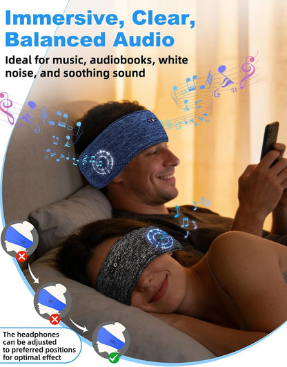 Adjustable Bluetooth Sleeping Headphones Headband for Men Women 2PCS | Hook-and-Loop, Thin Speakers, 14H Playtime, Earphones for Side Sleepers Running Workouts Sports Yoga Meditation - Blue&Gray