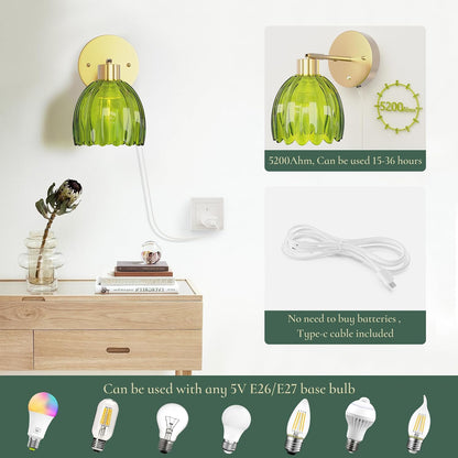 Battery Operated Wall Sconces, Rechargeable Green Glass Shades, Set of 2